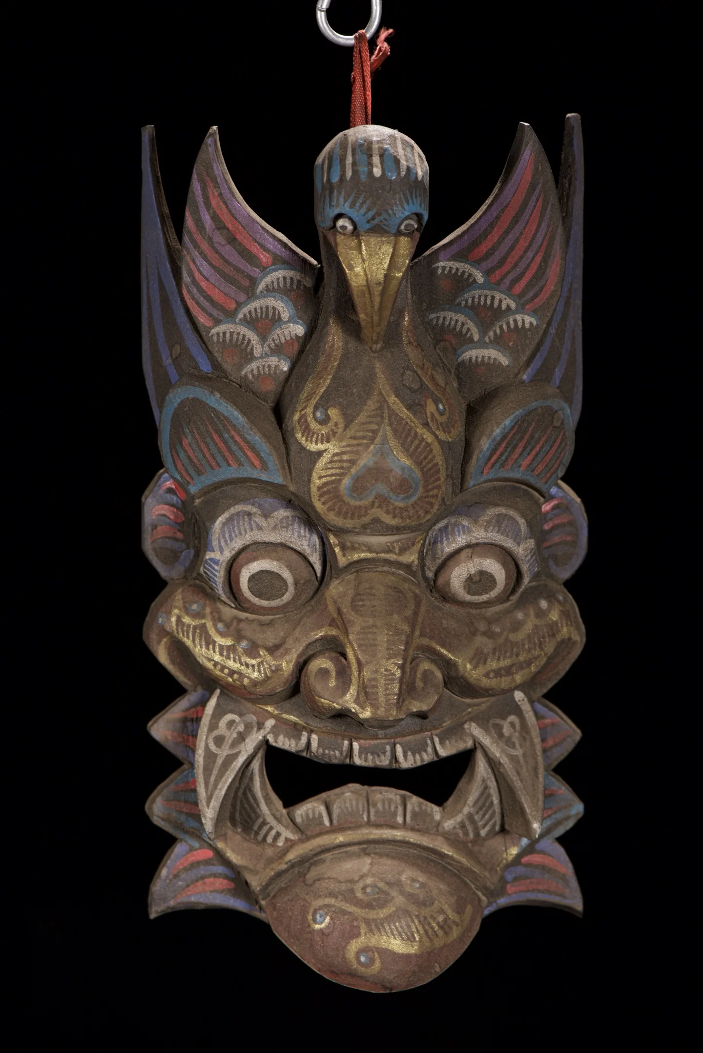 

12"Old Wood Carving Painted Garuda Diamond Buddha Head Mask Buddha Head Mask hanging panel Amitabha Worship Hall