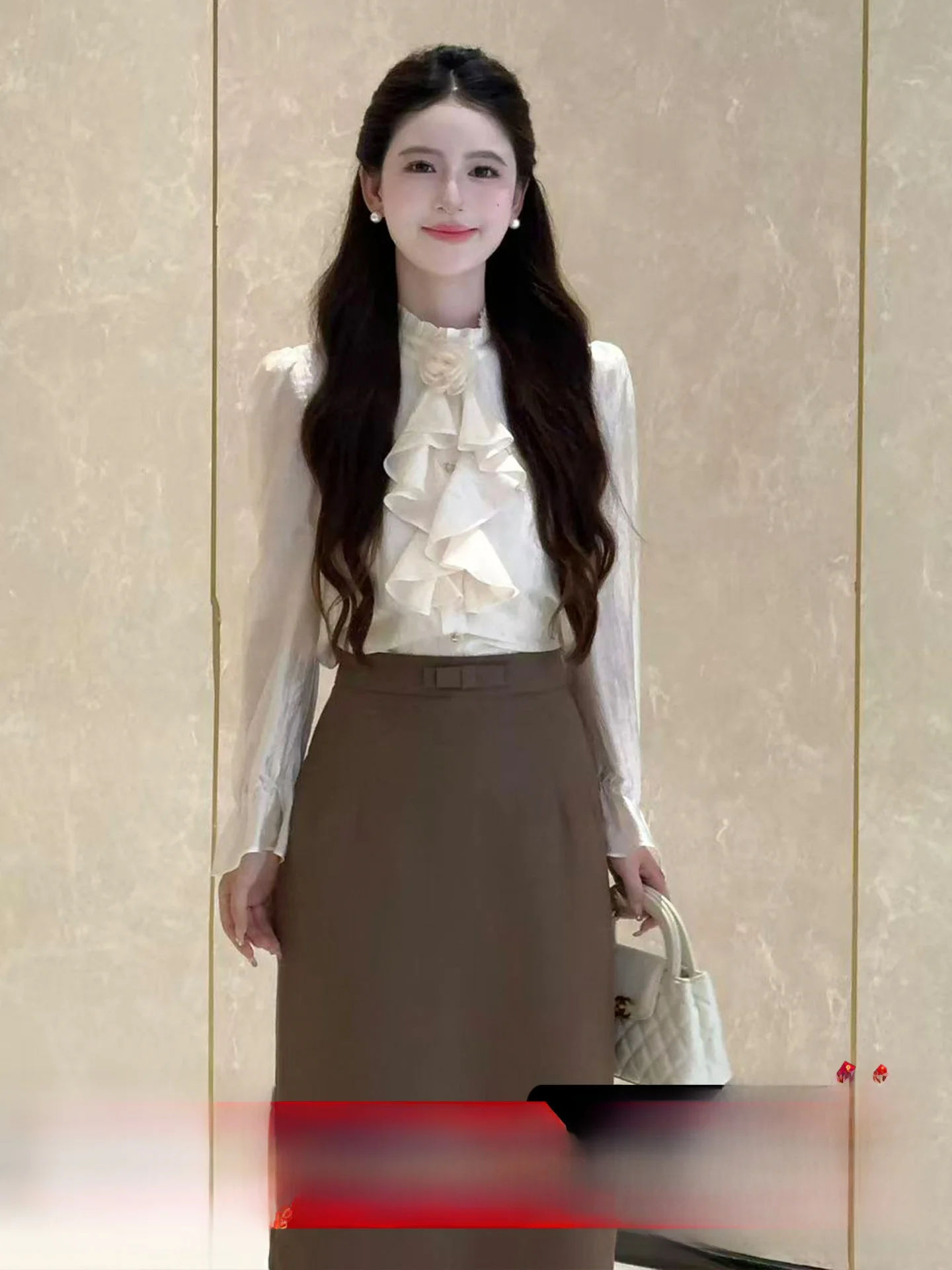 Conjunto Vintage LILI Paris Holiday para Mujer con Blusa con Volantes y Falda Color Ámbar, Conjunto de Dos Piezas a la Moda