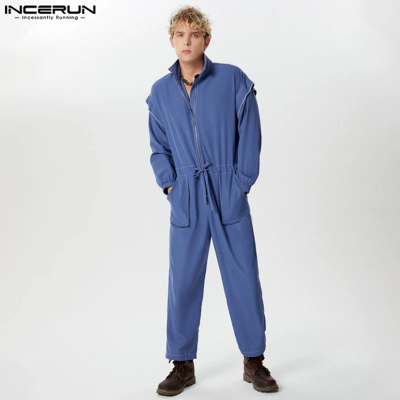 INCERUN Men's Cargo Overalls Solid Color Lapel Long Sleeve Zipper Lace Up Male Jumpsuits Streetwear 2024 Fashion Casual Rompers