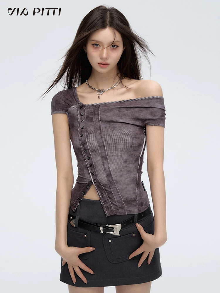 Short-Sleeved T-shirt Women's Cotton Gradient Tie-Dye Fashion Slim Irregular Button Shoulder Stitching Spring Summer Fashion Top