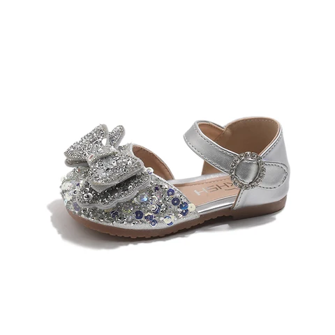 Детские туфли-сандалии с блестками и стразами, золотые, с бантом и ремешком на щиколотке, для девочек, модель «Принцесса»