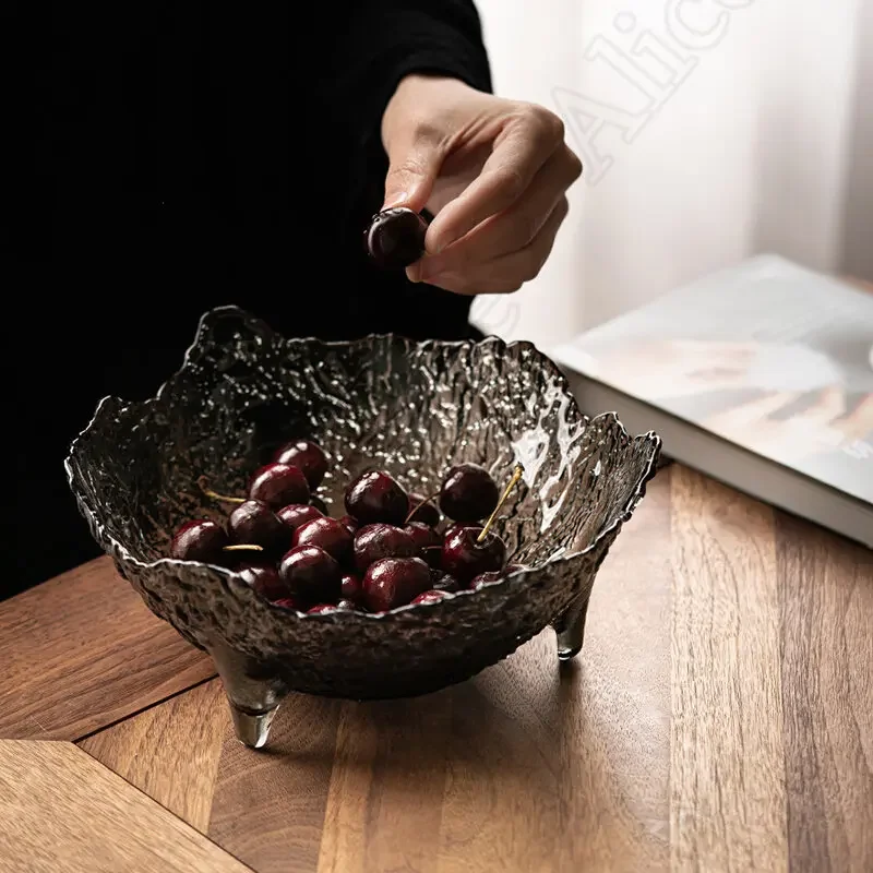 Cuenco fruta vidrio Irregular con textura en relevo, cuenco ensalada para el hogar, trípo Color sólido, plato