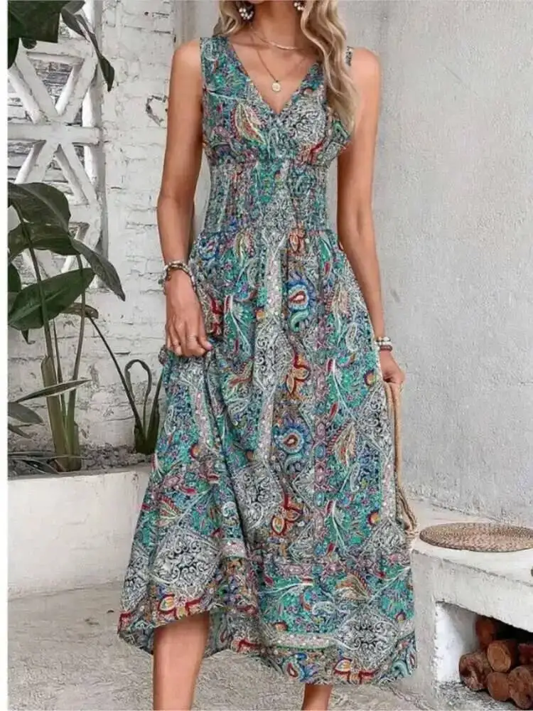 Letnia sukienka boho damska moda bez rękawów z nadrukiem sukienki na imprezę plażową elegancka codzienna sukienka wakacyjna damska sukienka damska robe femme M9MW