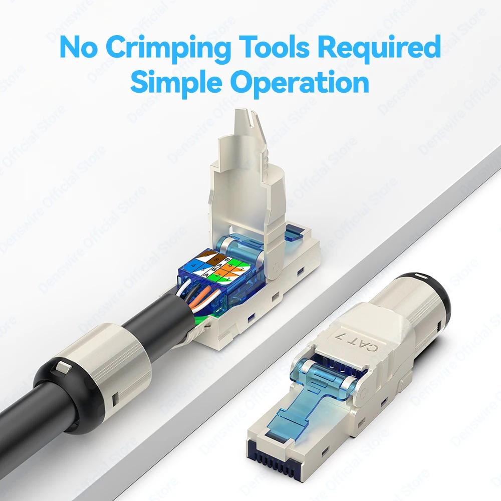 Denswire Werkzeugloser RJ45-Stecker |   STP-Ethernet-Stecker aus Zinklegierung für CAT8/Cat7/Cat6A-Kabel |   Vergoldete 10 Gbit/s und PoE-Unterstützung