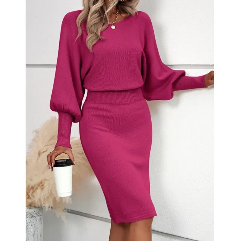 

Solid Color Bodycorn Midi Dress for Women Lantern Sleeve Pencil Dress High Waist Slim Mid-Length Party Dress vestidos de fiesta