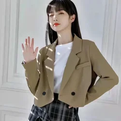 Lucyever Cropped Blazer Jacket Women Fashion Double-Breasted Long Sleeve Blazers Korean Chic Office Ladies Short Suit Coat