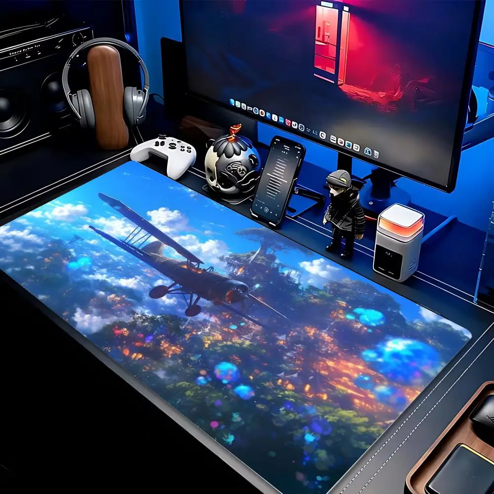 Large XXL Gaming Mouse Pad Retro Anime Airplane Magical Mountain Forest Non-Slip Rubber Deskmat Keyboard Sky Landscape Mousepad