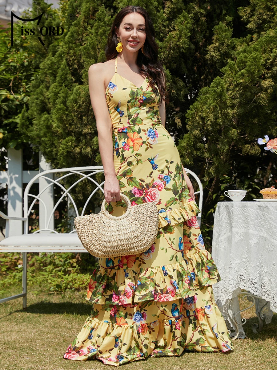 Missord-Robe longue à motif floral jaune pour femme, tenue de soirée, dos nu, coupe trapèze, vacances, plage, à plusieurs niveaux