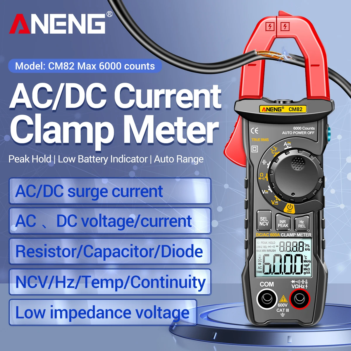 

ANENG CM82 digital clamp meter 6000 count 600A AC/DC current 600V AC/DC voltage capacitance measurement electrician multimeter