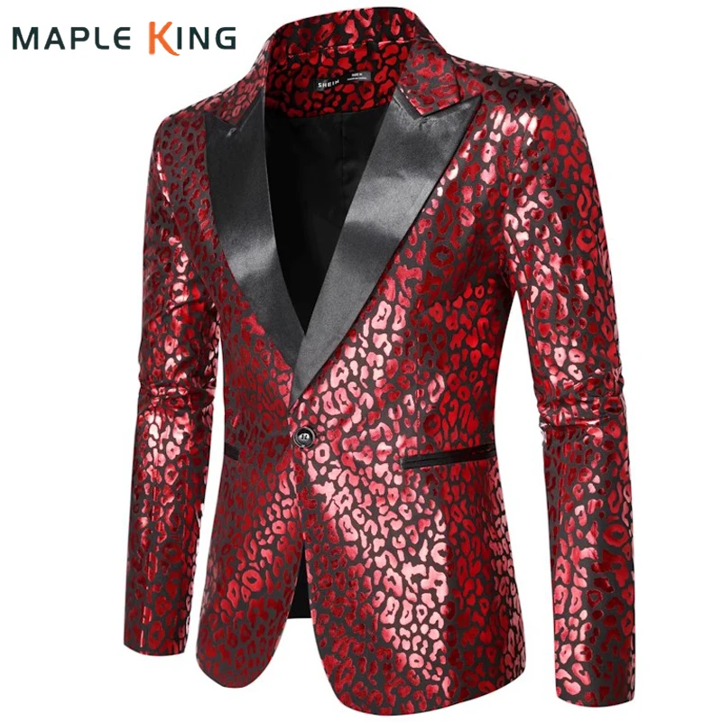 

Steampunk Men Suit High Quality Nightclub Red Leopard Bronzing Print Party Dress Stage Clothes for Singers Mens Blazer Masculino