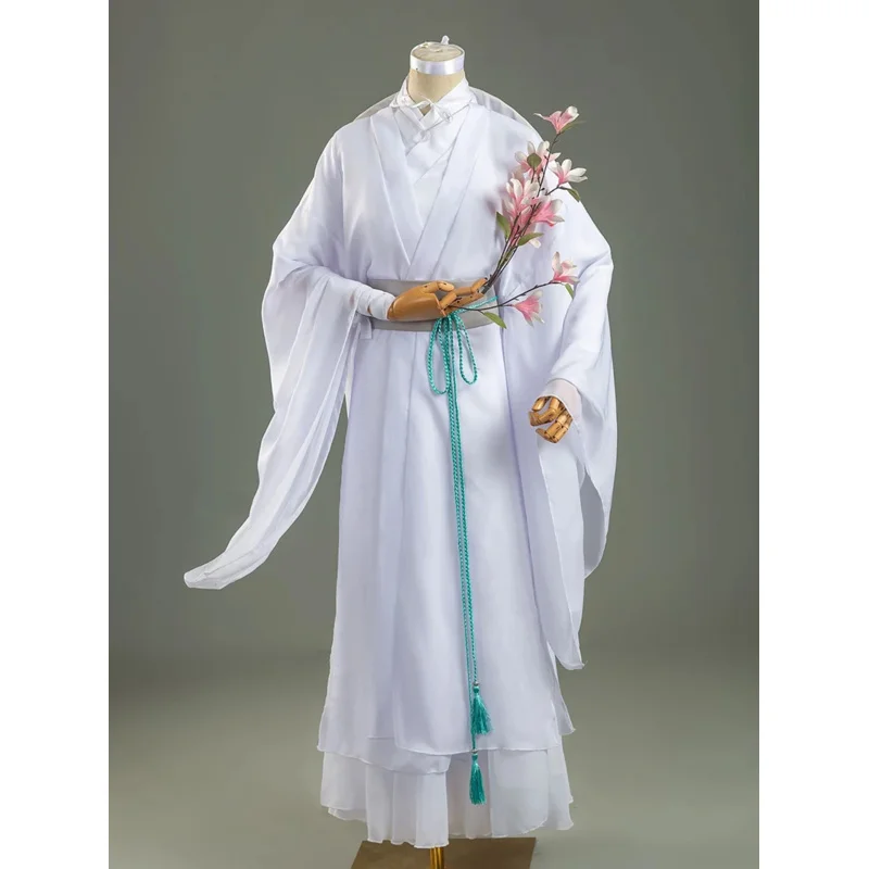 Tian Guan Ci Fu Xie Lian-pelucas de disfraz, sombrero de bambú, traje blanco HanFu, tela de Halloween, sombrero de bendición oficial del cielo