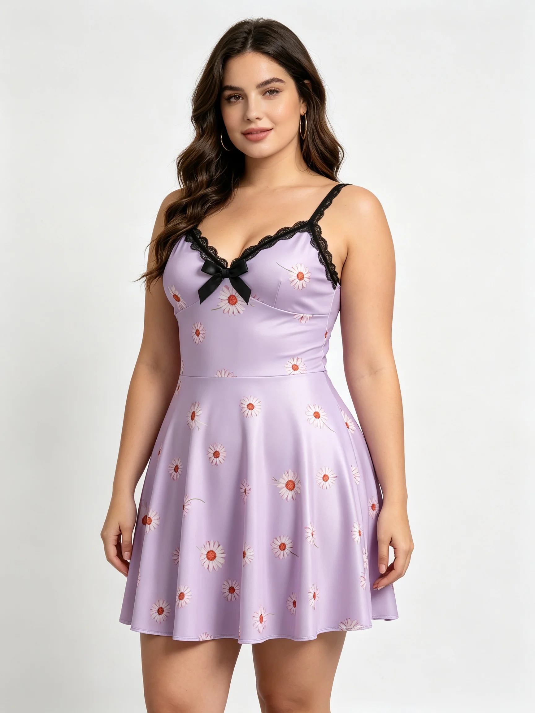 European and American large size elastic sleep dress, purple daisy print, lace trim, can be worn outside, suitable for home, dat