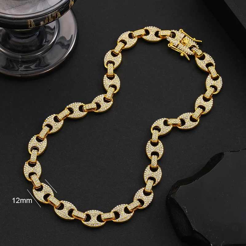 Men Women Hip hop Iced Out Chain Necklace High Quality 12mm Coffee Bean Link Chain Necklaces Fashion Jewelry Hiphop Rapper Gift