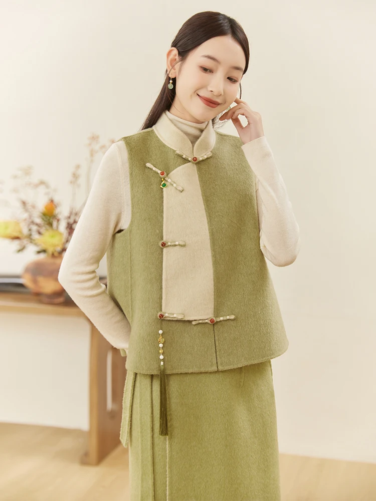 

Двусторонний шерстяной китайский жилет-накидка для женщин, традиционный этнический костюм для чаепития, топ на пуговицах, верхняя одежда