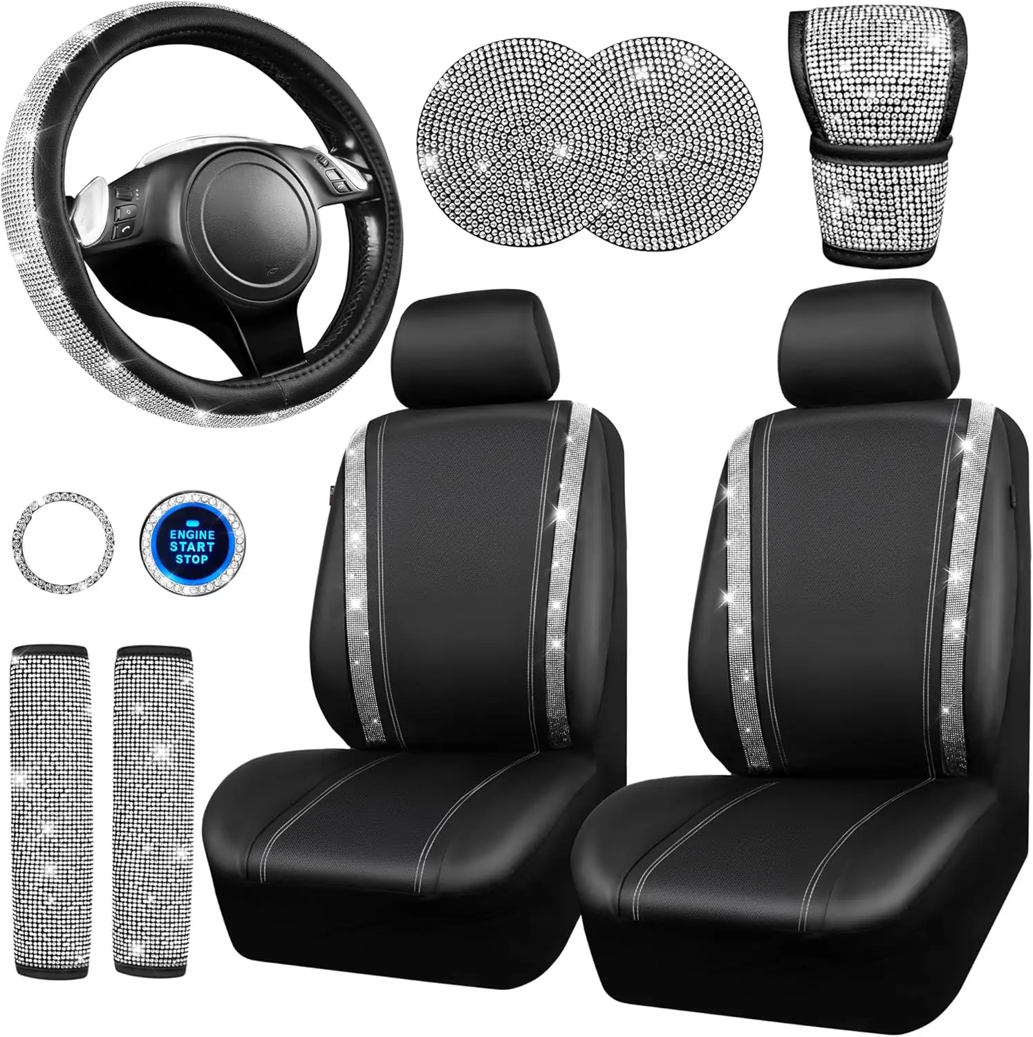 

PASS Bling Diamond Leather Car Seat Covers Sets 11 pcs, Bling Diamond Car Accessories for Women, Sparkly Rhinestone Steering