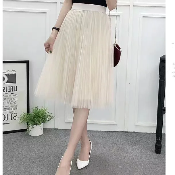 Sping Summer Fashion Korean Women\'s Mesh Skirt Pleated Skirt A- Line High Waist Skirt Woman Skirts Girls New Lace Skirts