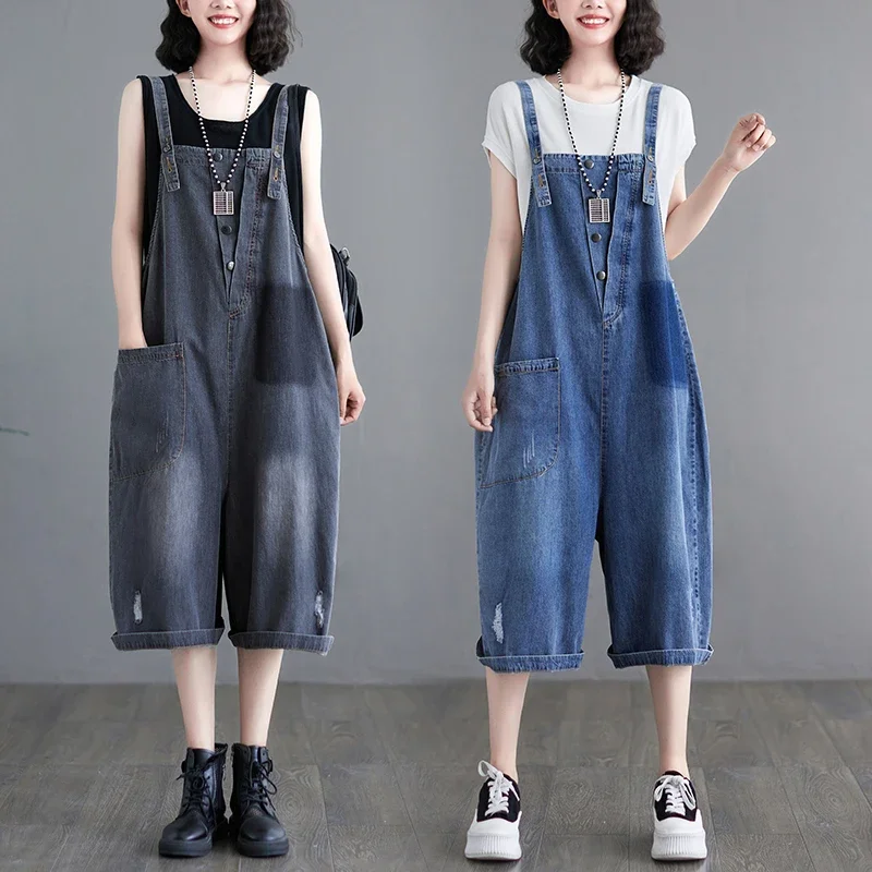 Vintage Blue Black Denim Jumpsuit Women Casual Loose Straight Wide Leg Short Cargo Pants Rompers Jeans Suspender Overalls ZL527