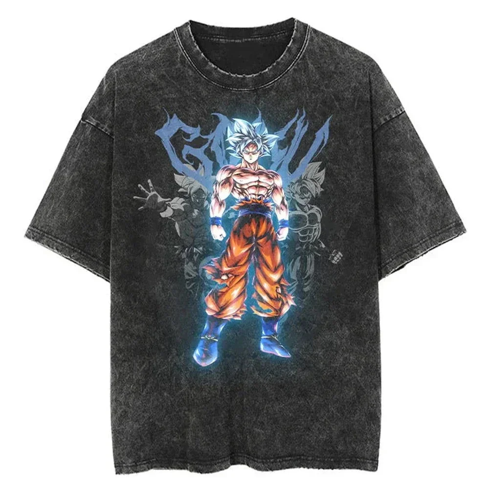 

DRAGON BALL Ultra Instinct Black Tee Silver Hair Goku with Blue Aura Print Distressed Washed Cotton Oversized Anime Graphic