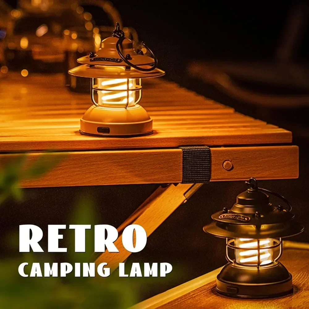 LED Camping Lantern,Mini Rechargeable Retro Warm Camp Light,Metal Vintage Portable Waterproof  Hanging Lamp,Outdoor Tent Bulb