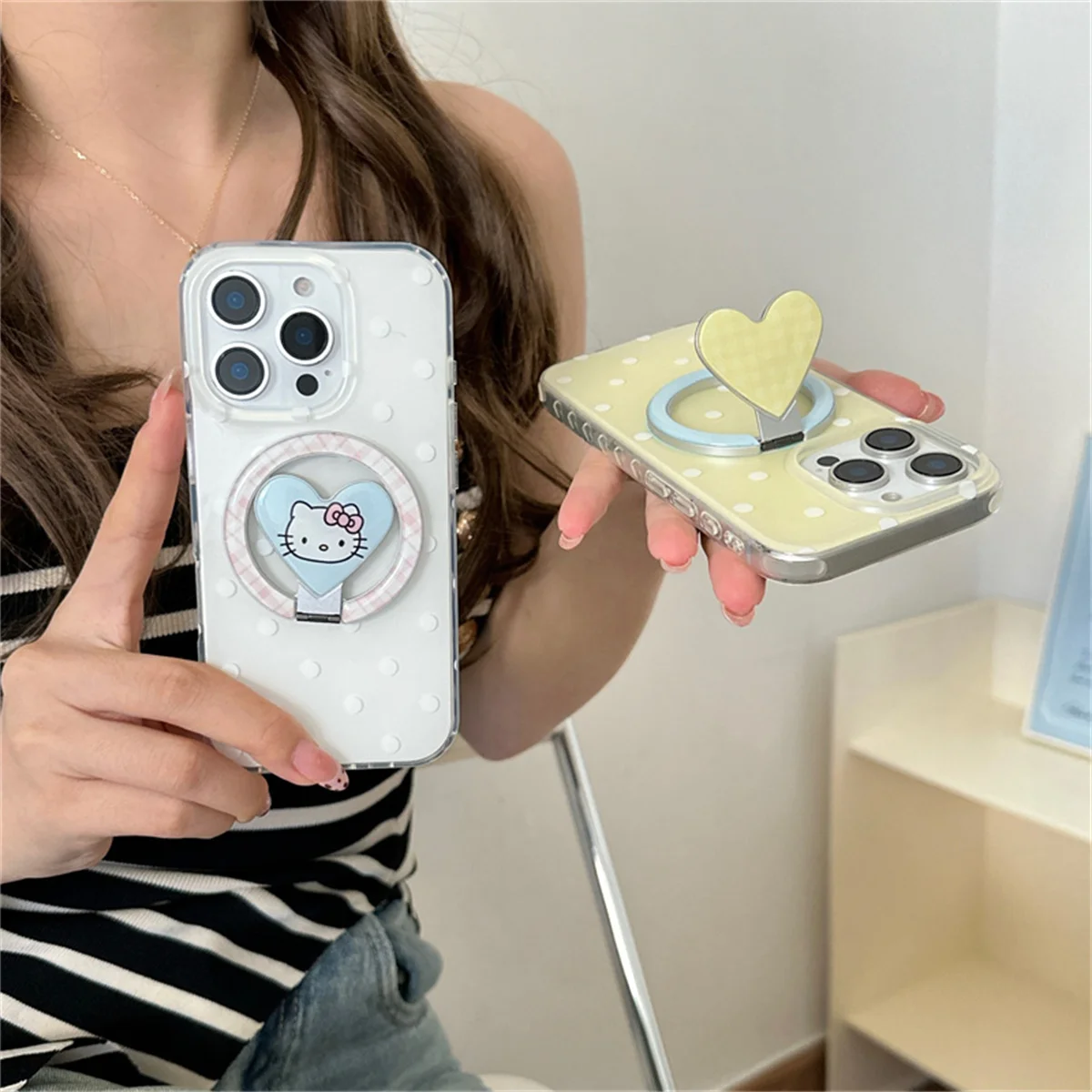 

White Polka Dot Magnetic Phone Case For iPhone 16 Pro 15 14 13 Pro Max Cover with Love Stand Holder Kitty Cute Cases Funda