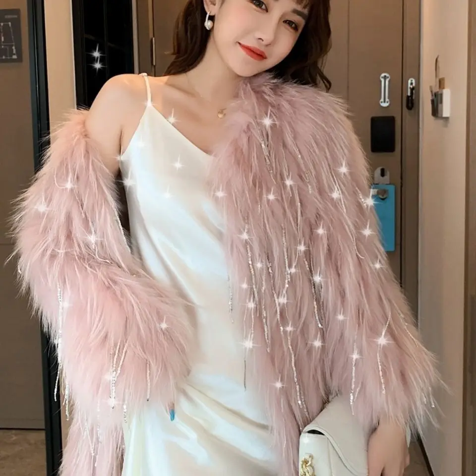 2024 Winter Fashion Faux Raccoon Fur Coat Women  Warm Feather Coats Long Outercoat Lady Party Elegant Outfits New QY14