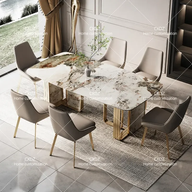 Modern Simple Rectangular Dining Table and Chair Set Light Luxury Rock Slab Design for Apartment Household Use