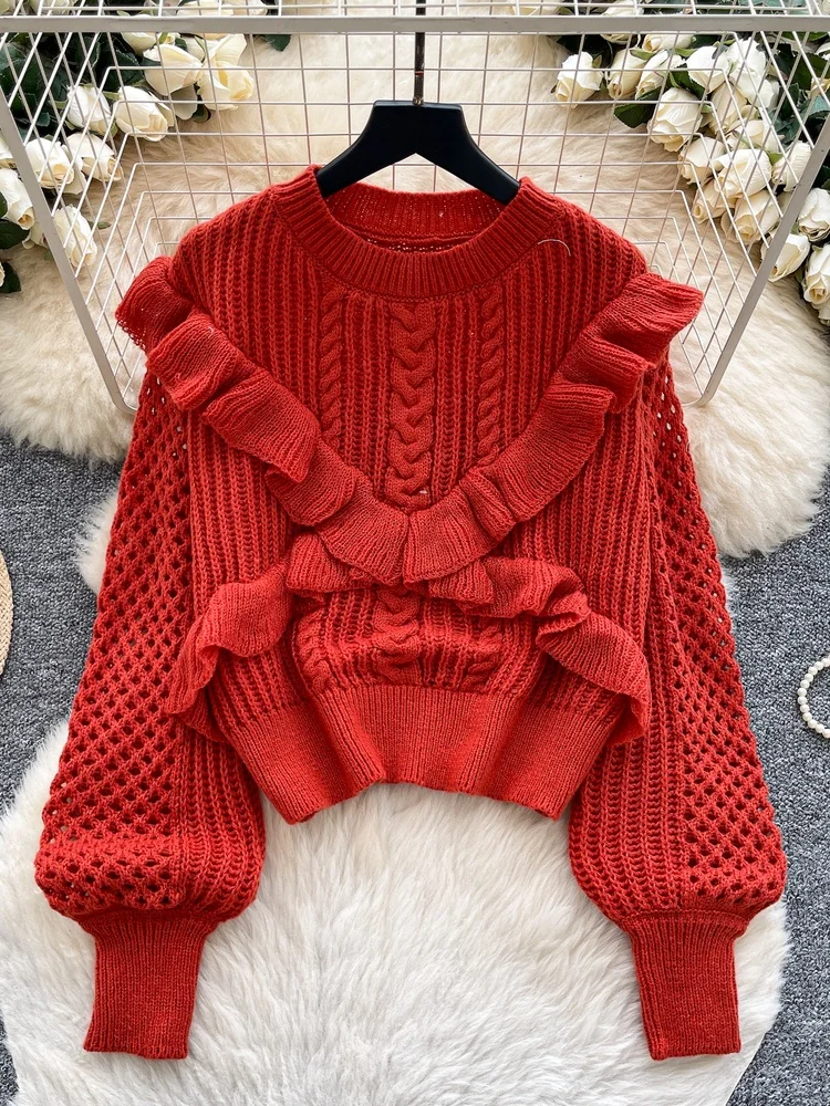 

Ladies' Lazy Hollow out Long Sve Knitted Sweater Base Layer Top Korean Sle Autumn Season Faion Casual Comfortable Fit