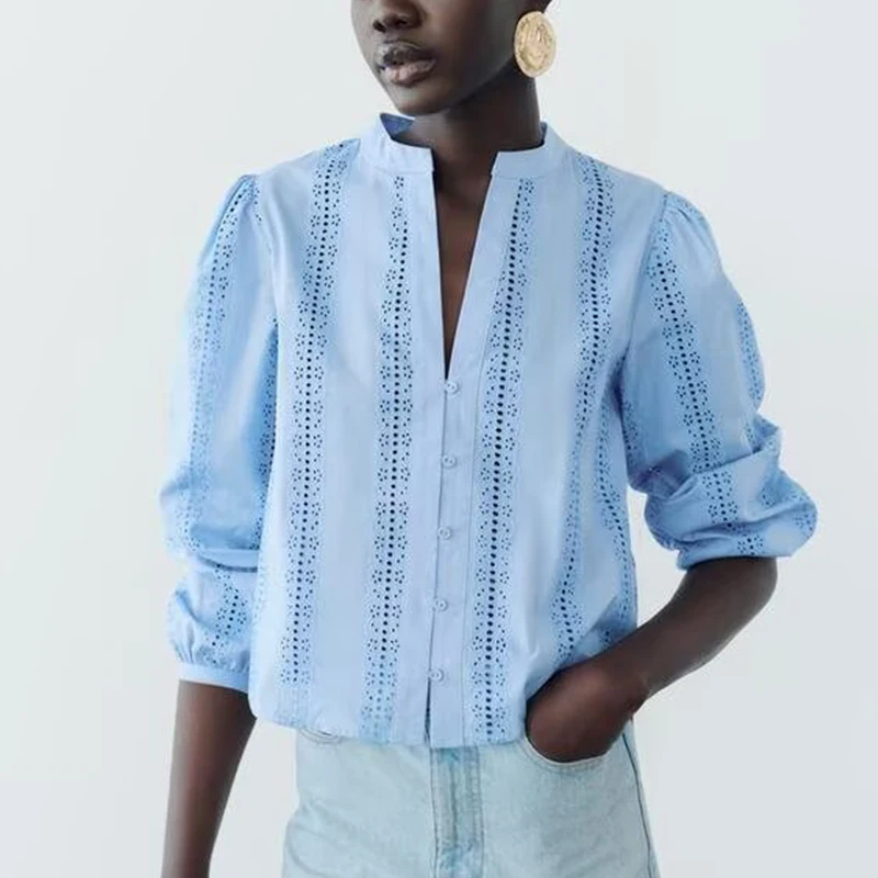 Sweet Sle Long Sve V-Ne Hollow out bordado irt ort Top para mujer primavera 2025 Z fibra de poliéster de corte recto