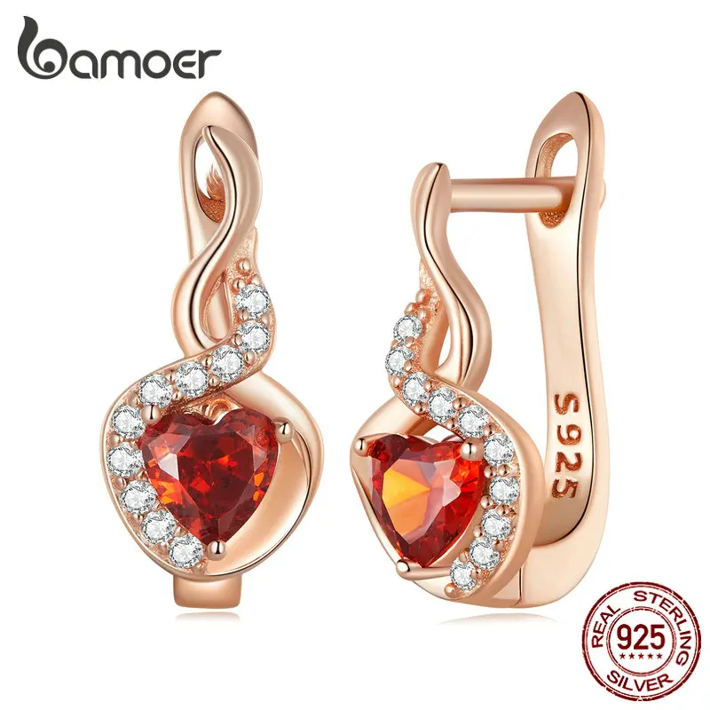 Bamoer 925 Sterling Silver Love & Bond Ear Clips Rose Gold Red Heart Ear Buckles for Women Birthday Party Fine Jewelry BSE815