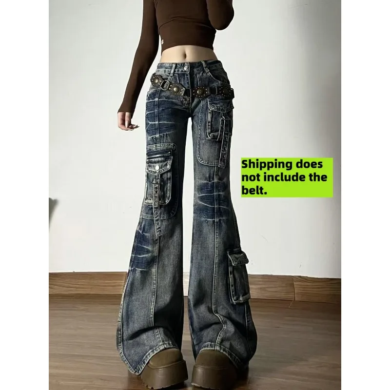 

Do Old Zipper Decoration American Vibe Retro Multi Pocket Tooling MID Jeans Streetwear Babes Y2K Slim Fit Flare Pant Trousers