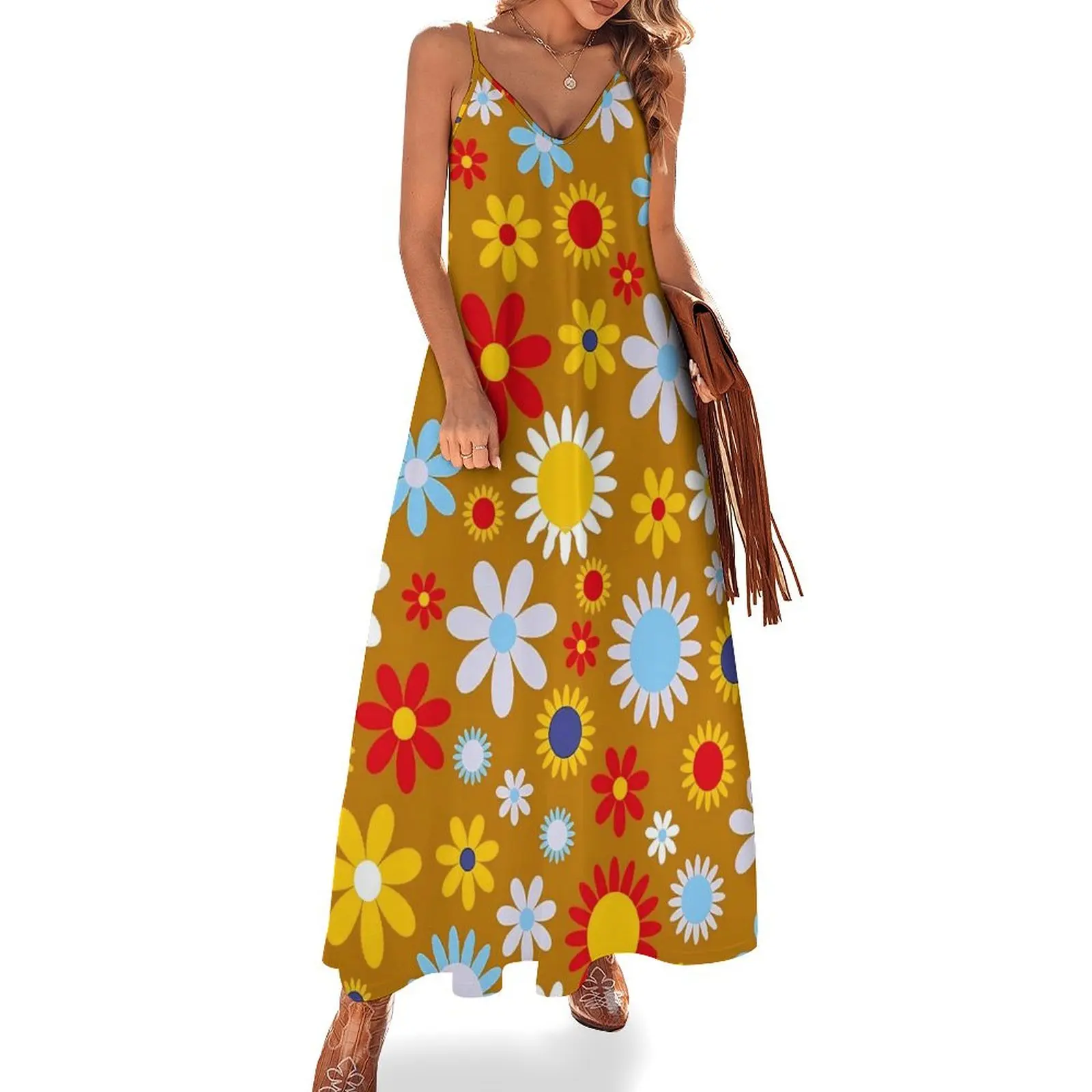 

Retro Flower Design Dress Floral Power Maxi Dress Strap Aesthetic Boho Beach Long Dresses Spring V Neck Oversized Vestidos