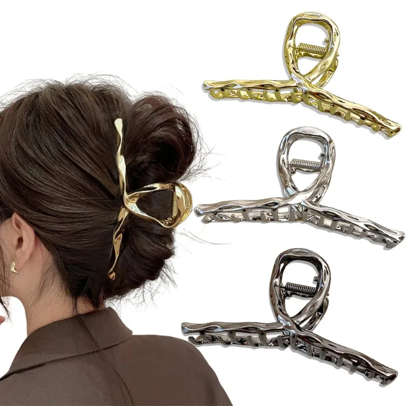 New 2023 Simple Cross Women Claw Clips Metal Gold Silver Large Medium Shark Crab Clamps Hairgrip for Thick Thin Hair Accessories