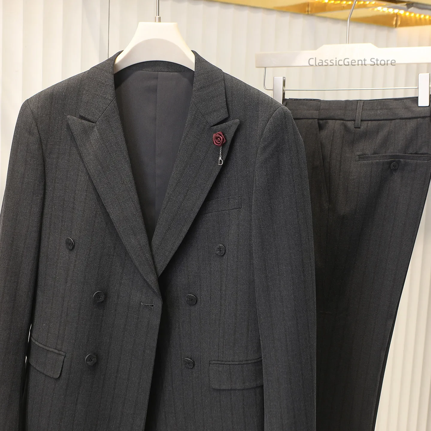 Men's commute is supple and non-ironing, Italian luxury double-breasted striped suit, trousers and suit