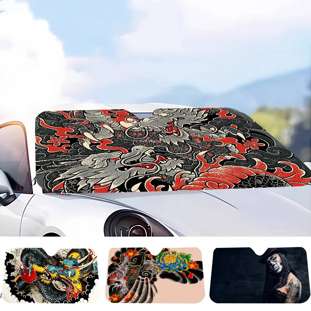 

Art Tattoo Novelty Car Front Windshield Sunshade 70x130cm Cartoon Foils Car Window Windscreen Cover
