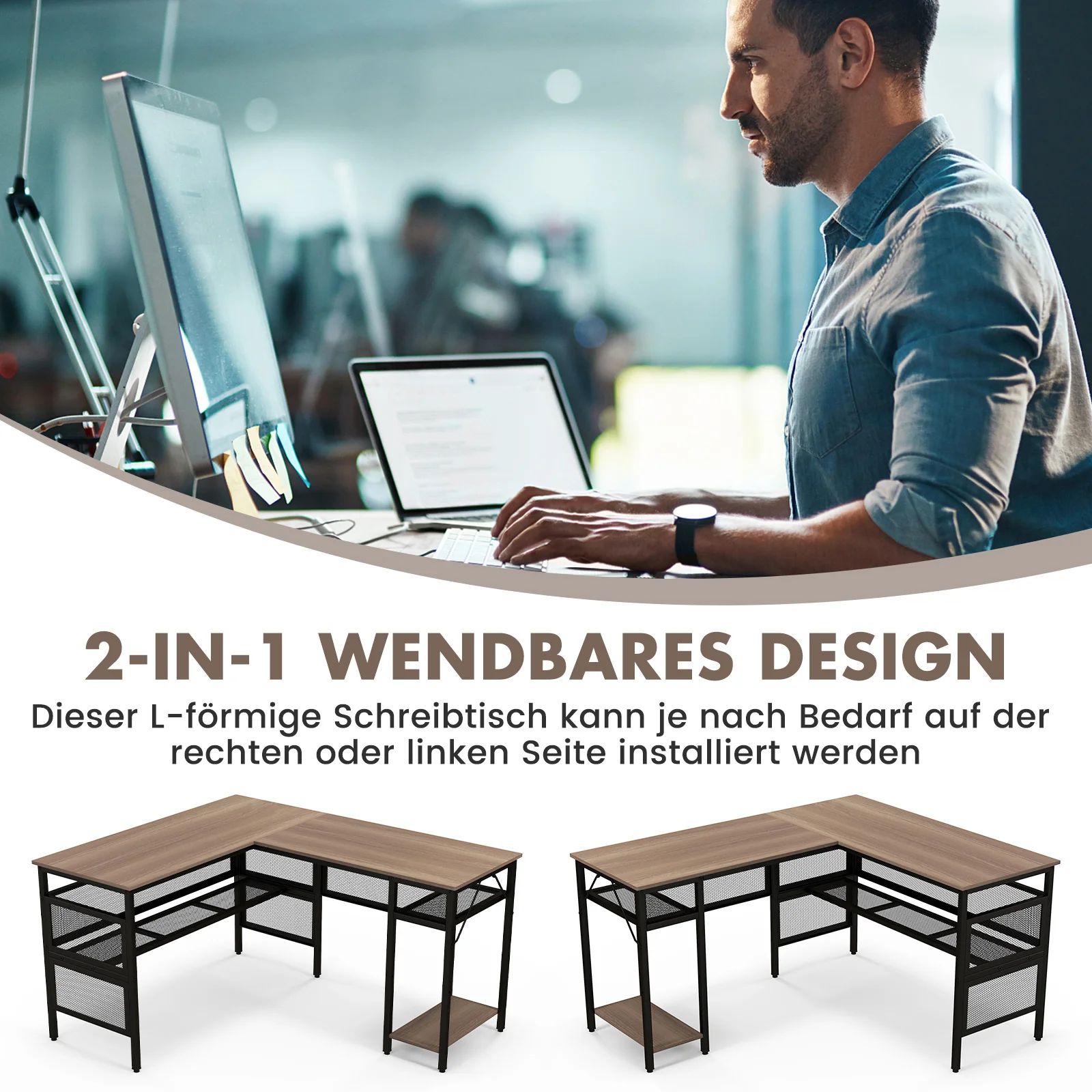 L-shaped desk reversible corner desk with grid shelves & CPU stand corner table computer table office table for