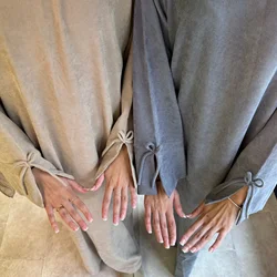 Bowknot Accent Relaxed-Regular-Fit Warm Corduroy Muslim Abaya Women Dress-Side Pockets, Slit Cuffs. Autumn Hijabi Islamic Robe