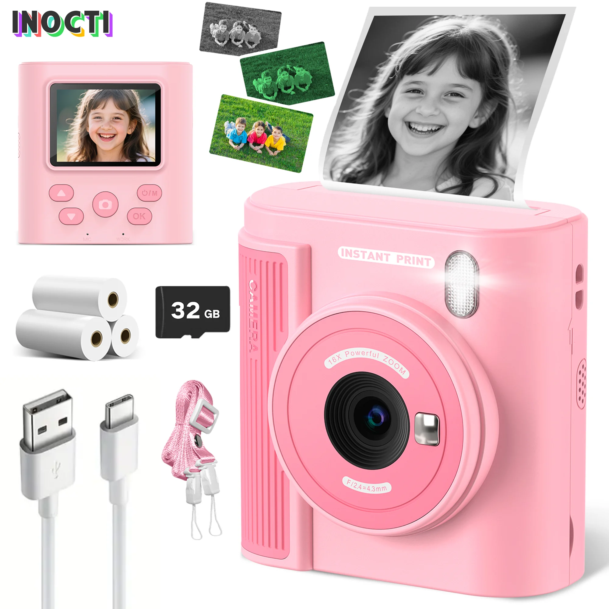 Appareil Photo Instantané Enfant Appareil Photo Instantané 1080P Pour Enfants – Impression En Un Clic, 3 Rouleaux De Papier, 5 Stylos, Carte 32 Go