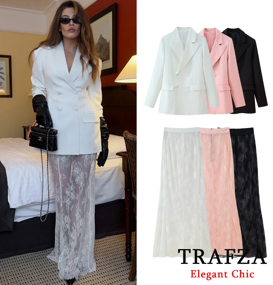 

TRAFZA Elegant Sweet Skirt Set Women's Double Breasted Blazer Lace Sheer Skirt Fashion 2025 Spring Summer High Street Lady Set