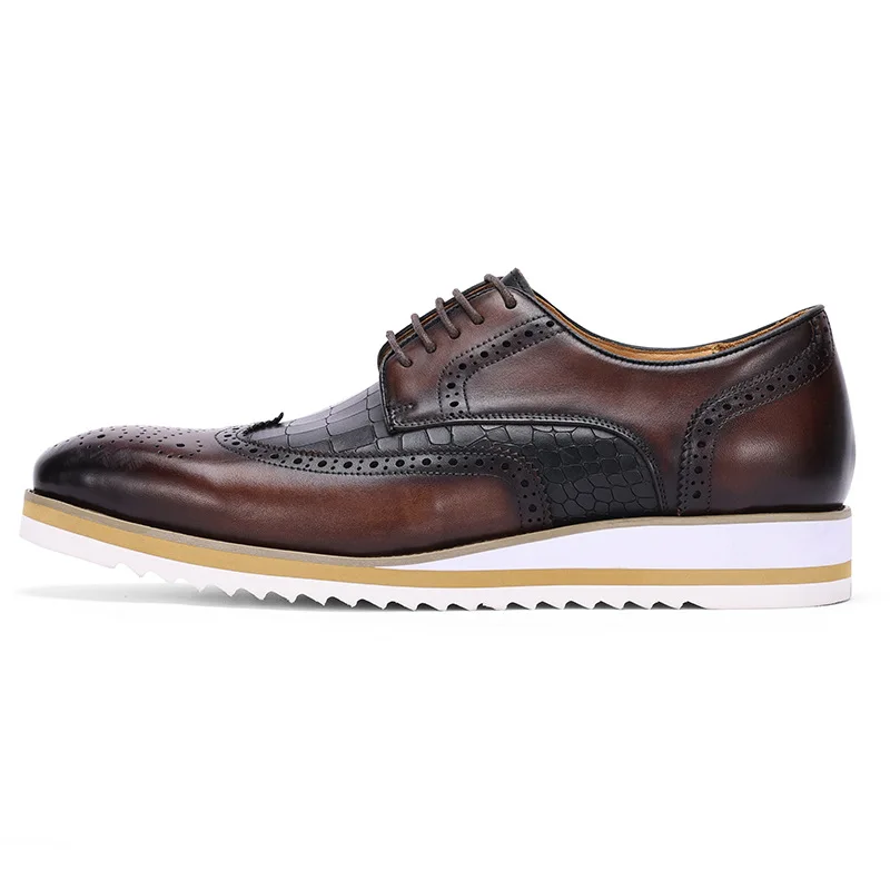 Luxury Men\'s Dress Sneakers Genuine Leather Italian Full Grain Cowhide Wingtip Brogue Oxfords Business Casual Formal Shoes
