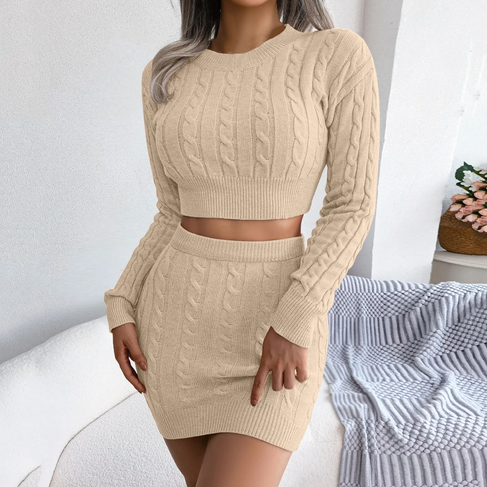 

Women Sexy Sweater Wrap Hip Skirt Knit Suit Autumn Winter Show Waist Office Clothes Solid Jumper Casual Sweaters Long Sleeve Set