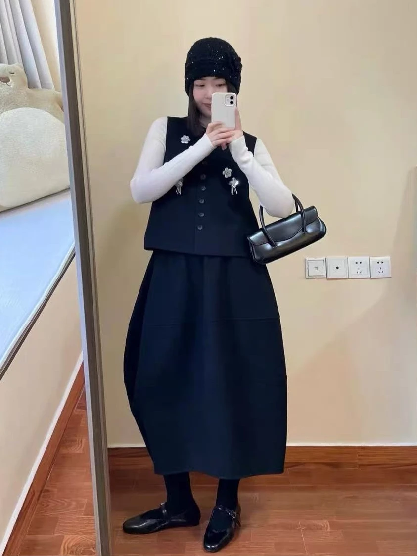 

Bla Wool Blend Vest And Skirt Set round Ne 3D Bead Flower Slimming High Waist Winter Faion Ensemble for Women