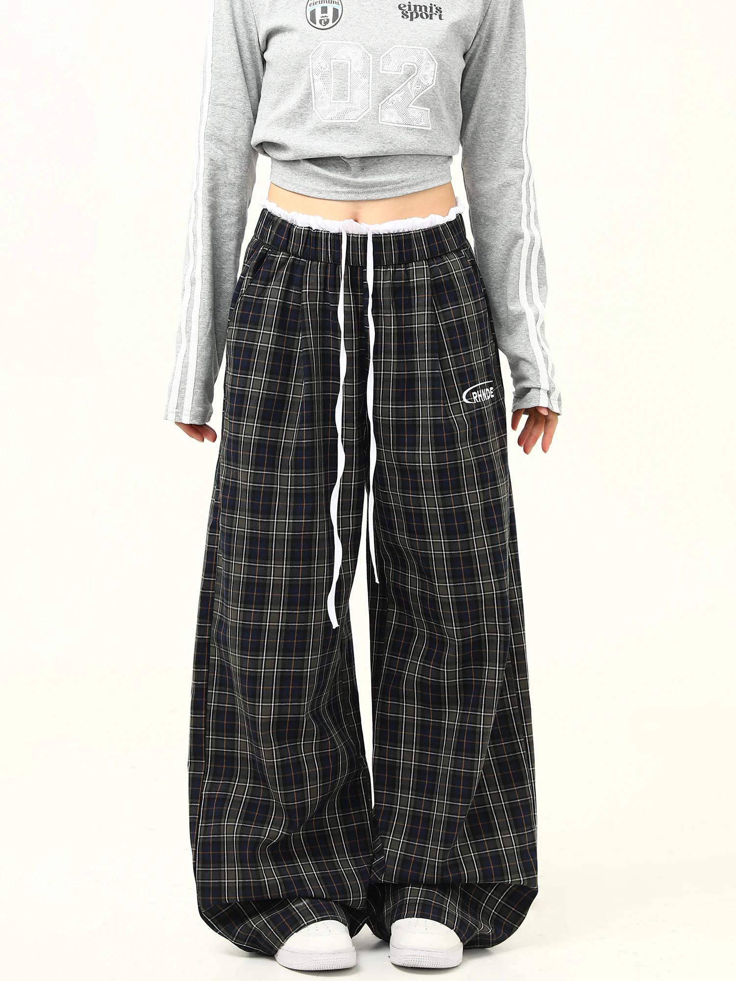 

Wild American Retro Plaid Wide Leg Double Waist Casual Pants Women Loose Straight Drapey Floor-Length Trousers