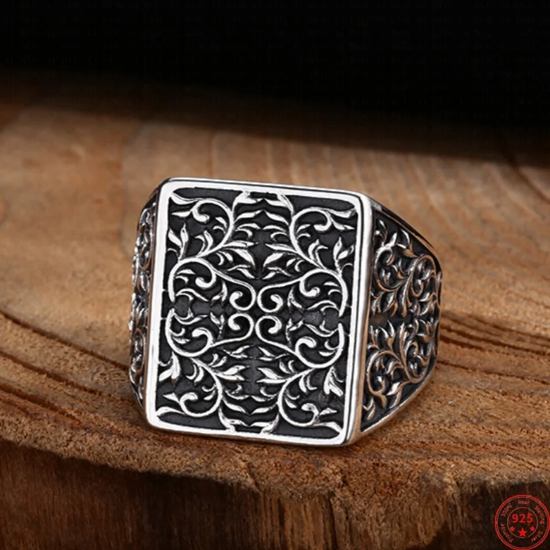 

S925 Sterling Silver Charms Rings for Men Women Retro Rternal Rattan Pattern Square New Fashion Punk Jewelry