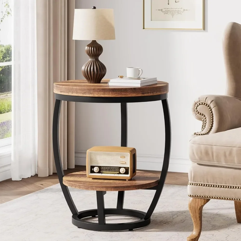 

Round End Table, 2 Tier Industrial Side Table, Nightstand with Metal Frame, Accent Bedside Table with Storage Shelves