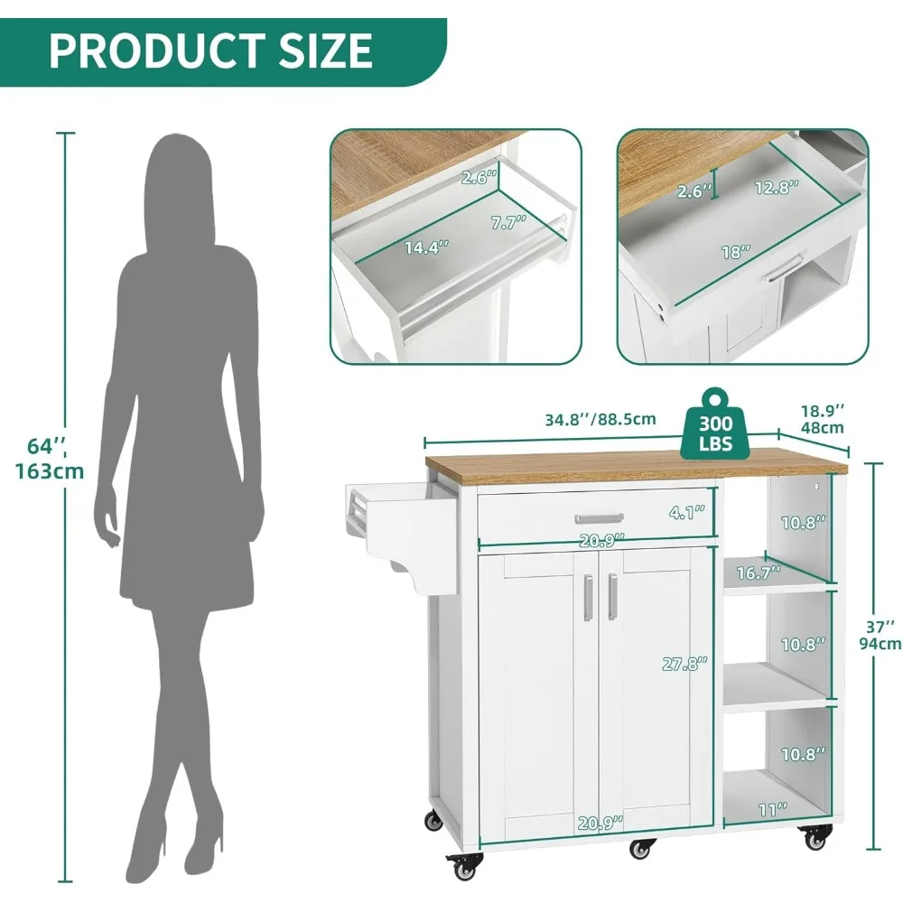 Kitchen Island with Storage, Rolling Kitchen Island on Wheels with Drawer Open Shelves & Wine Rack Spice Rack, Kitchen