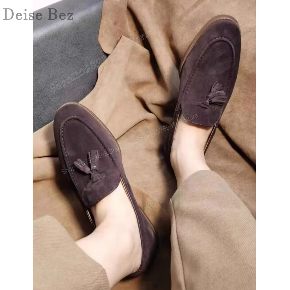 Loafers Tassels Decor Men Dress Shoes Suede Oxford Round Toe Design Flat with Slip-on Concise Men Shoes 2023 Zapatillas Mujers