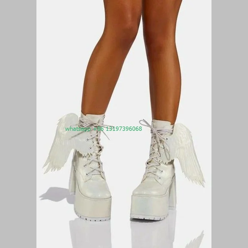 

Lady 3D wing design ankle boots white chunky heel Mary Janes shoes footwear lace-up platform runway boots shoes punk size 35-46