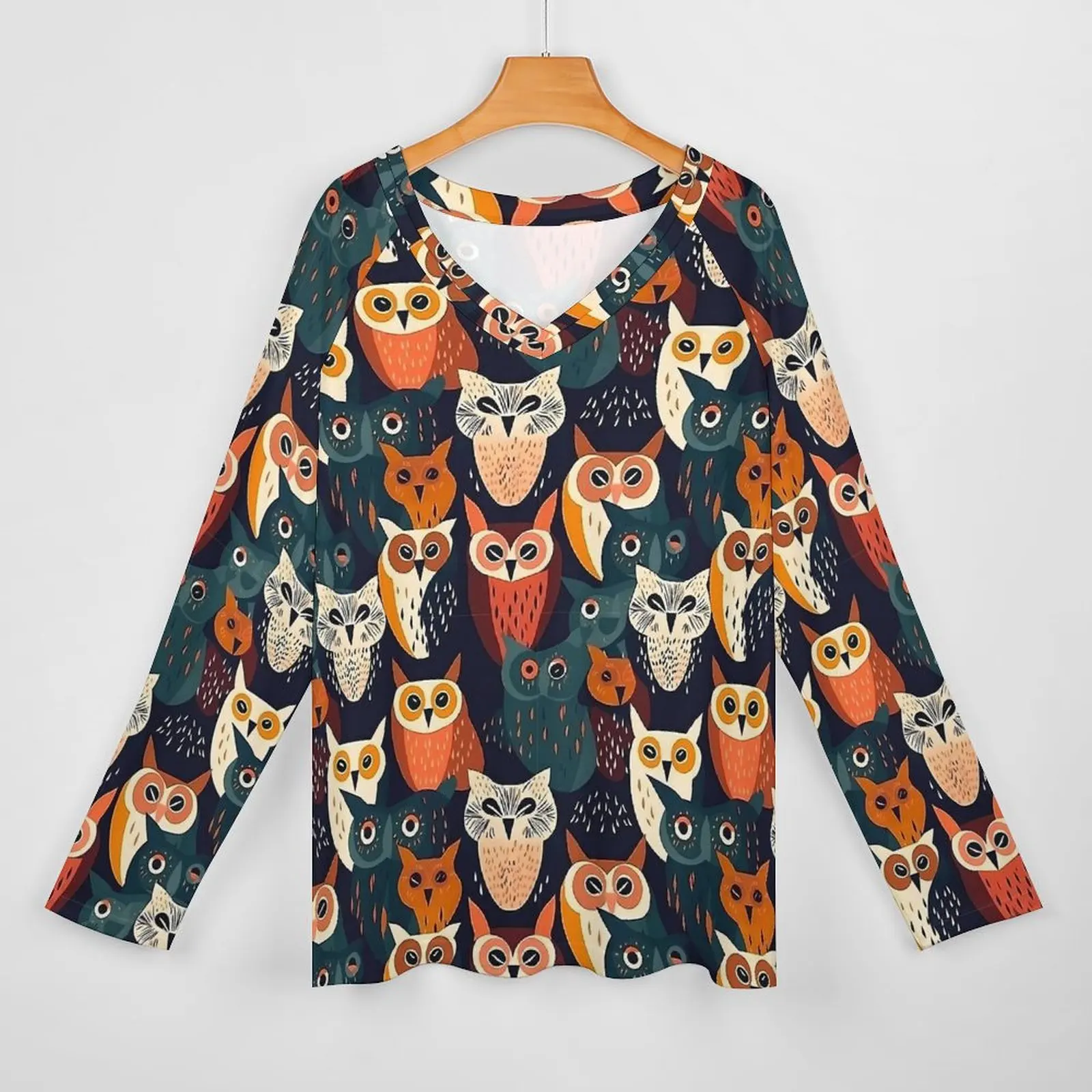 Artsy Bold Owl T-Shirts Animal Print Casual T Shirt Long Sleeve Funny Design Tees Female Tops 3XL 4XL 5XL