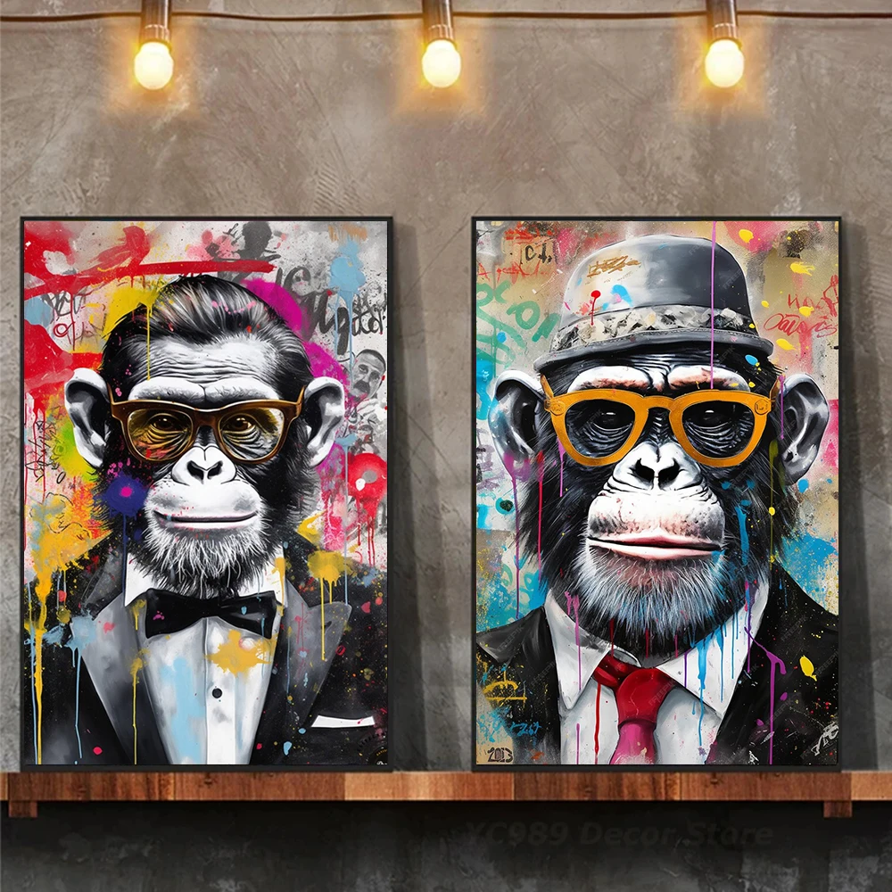 

Graffiti Monkey Art Poster Prints For Living Room Home Decor Smart Funny Cool Monkey With Sunglasses Canvas Painting Wall Art