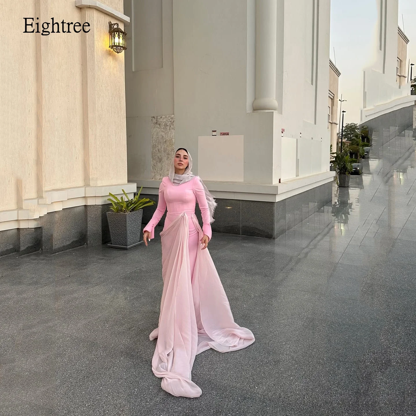 

Eightree Vintage Pink Mermaid Prom Gowns Long Sleeves Formal Party Gown Saudi Shimmery Floor Length Evening Dress Customized
